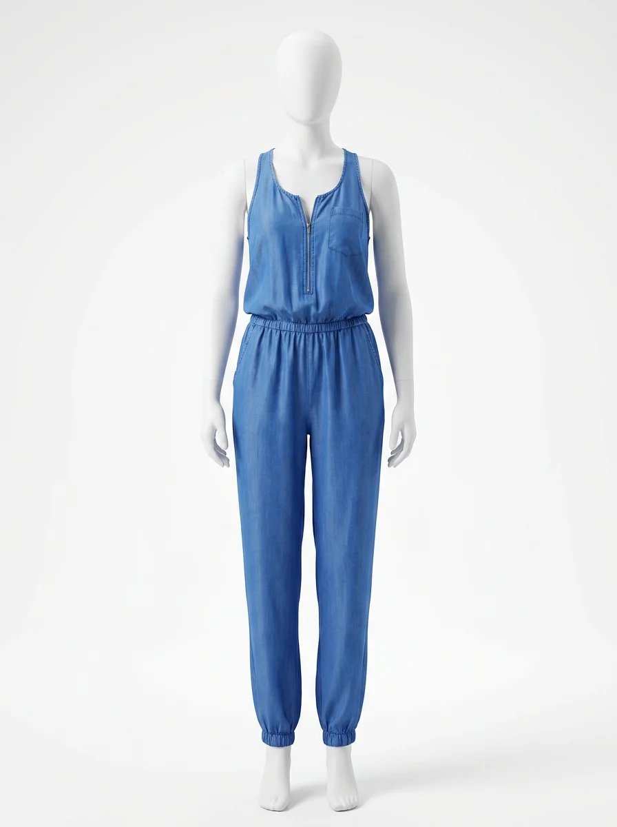 Combinaison bleu ample dos ouvert femme - Vue 1 - combinaison bleu