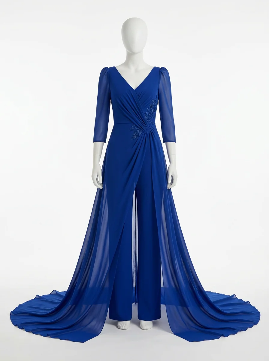 Combinaison bleu cérémonie drapée aérienne femme - Vue 1 - combinaison bleu