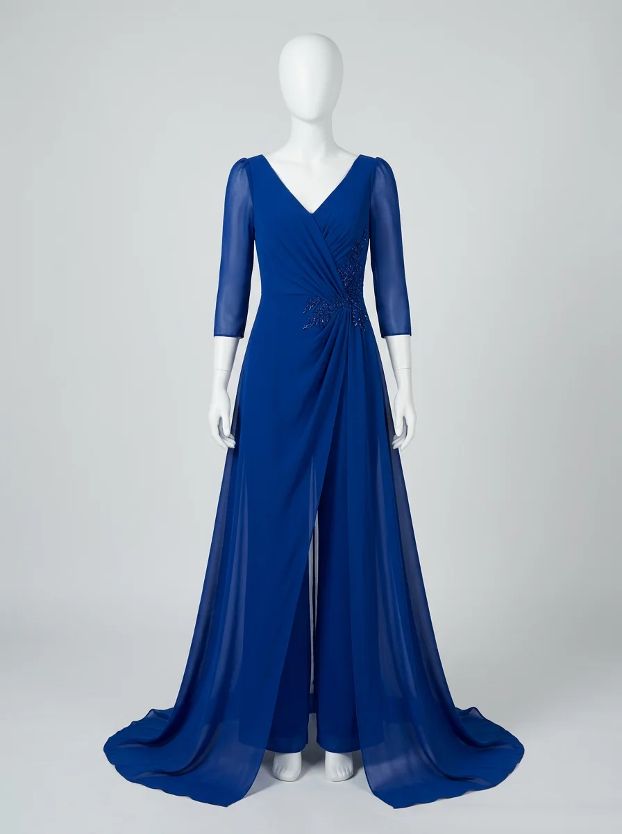 Combinaison bleu cérémonie drapée aérienne femme - Vue 4 - combinaison bleu