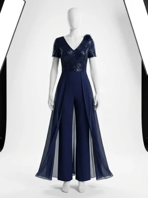 Combinaison bleu cérémonie sequins voile fluide femme - Vue 1 - combinaison bleu