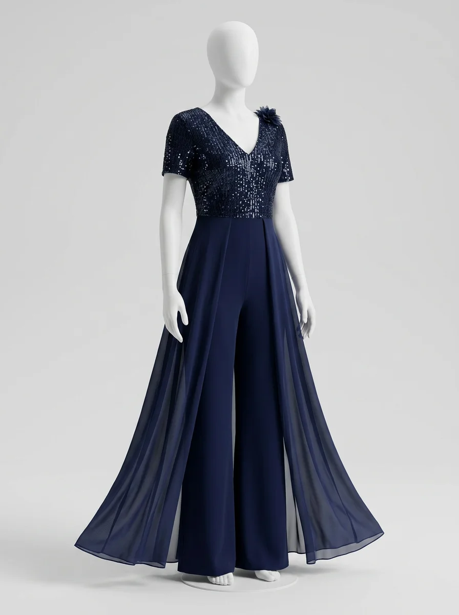 Combinaison bleu cérémonie sequins voile fluide femme - Vue 3 - combinaison bleu