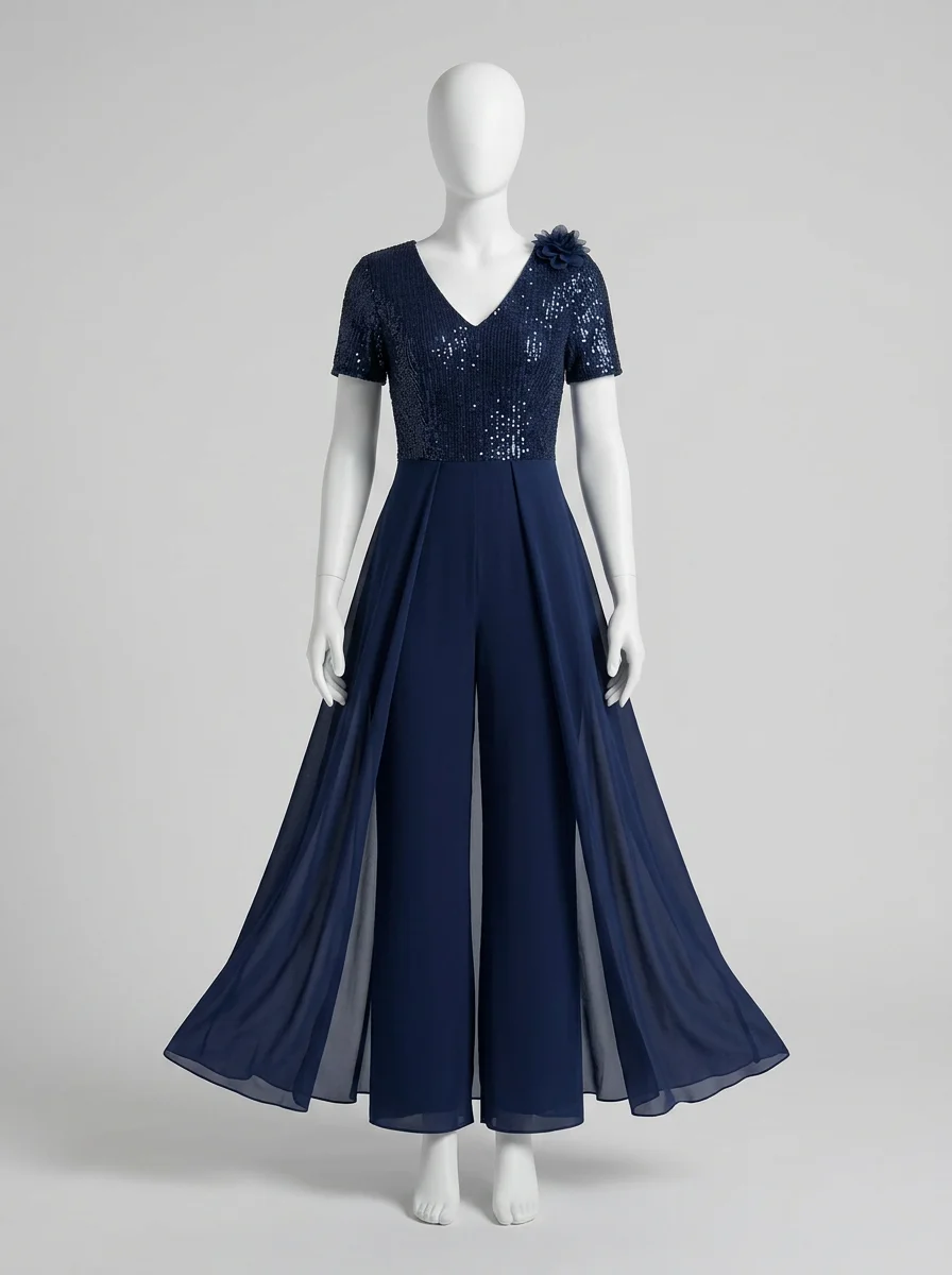 Combinaison bleu cérémonie sequins voile fluide femme - Vue 4 - combinaison bleu