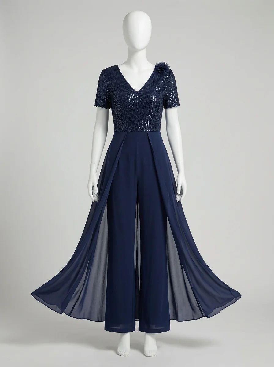 Combinaison bleu cérémonie sequins voile fluide femme - Vue 6 - combinaison bleu