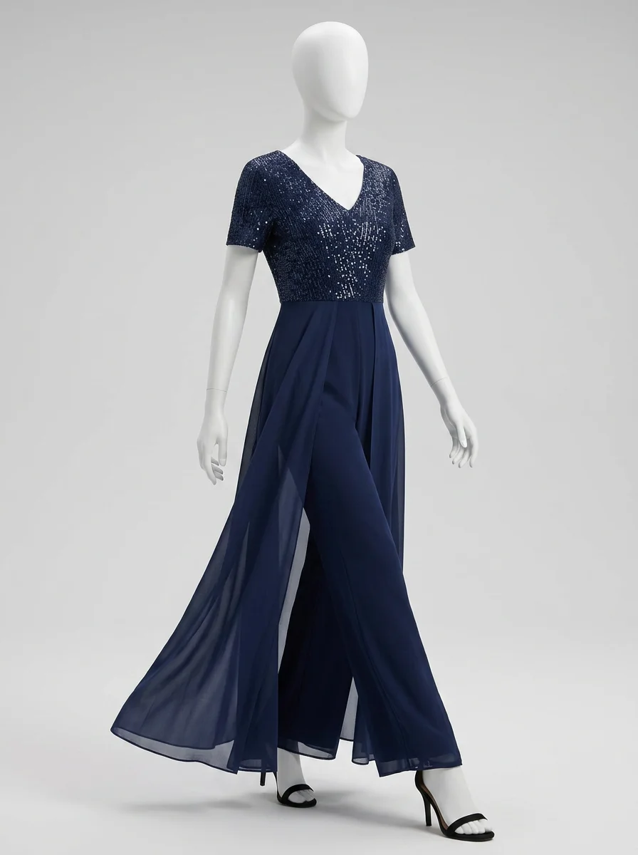 Combinaison bleu cérémonie sequins voile fluide femme - Vue 7 - combinaison bleu