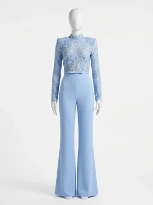 Combinaison bleu dentelle manches longues soirée femme chic - Vue 1 - combinaison bleu