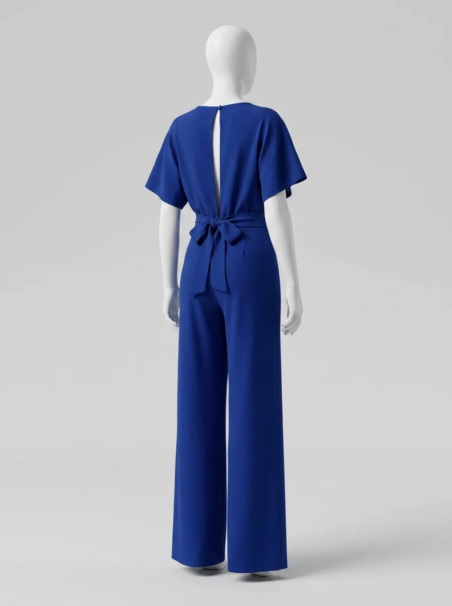 Combinaison bleu manches courtes fluide élégante femme - Vue 2 - combinaison bleu