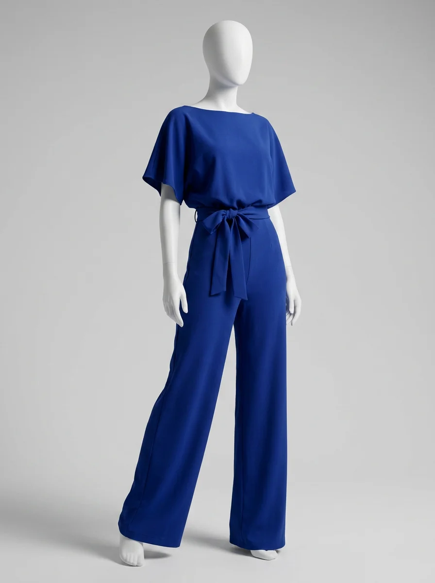 Combinaison bleu manches courtes fluide élégante femme - Vue 3 - combinaison bleu