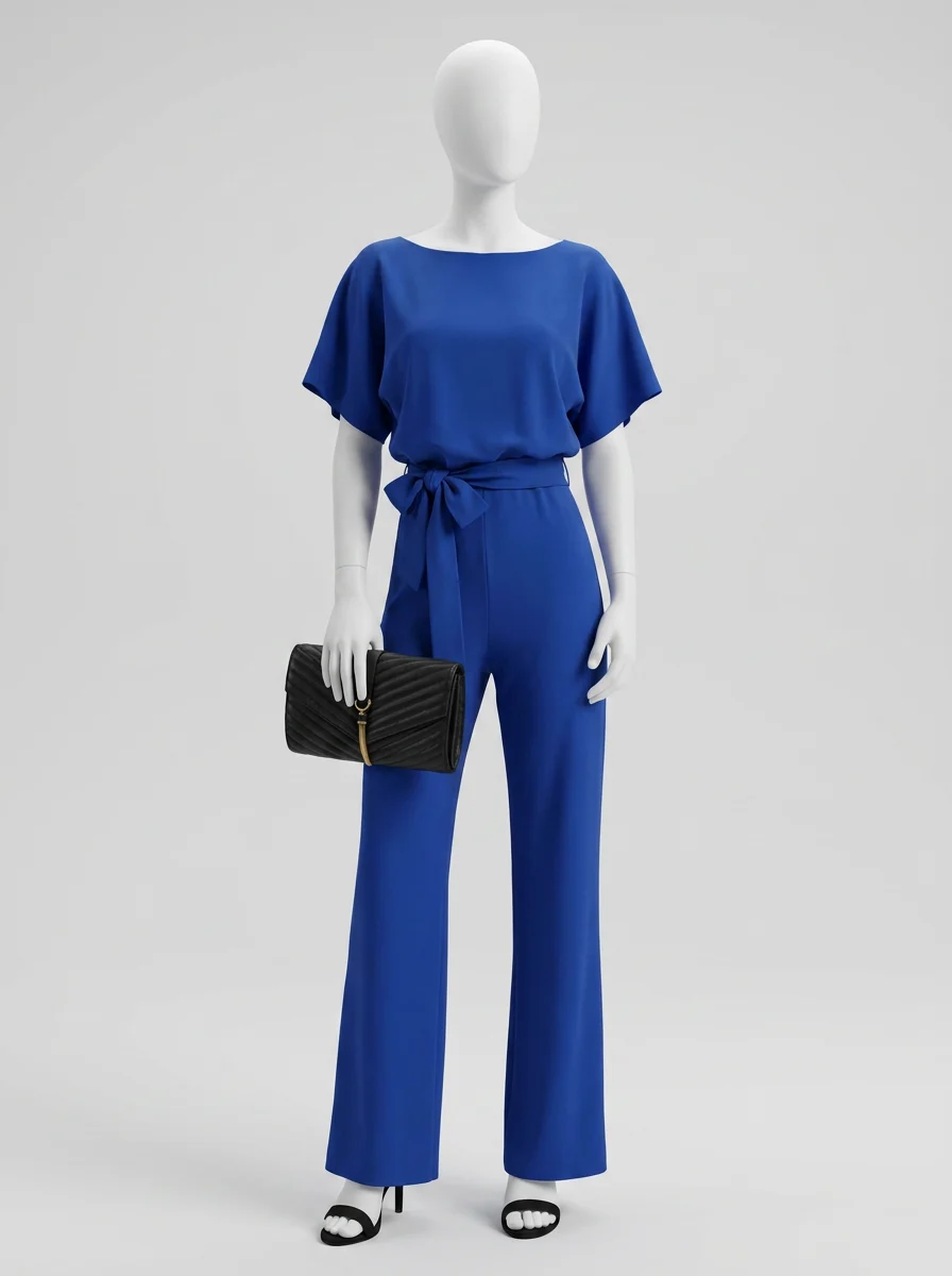 Combinaison bleu manches courtes fluide élégante femme - Vue 8 - combinaison bleu