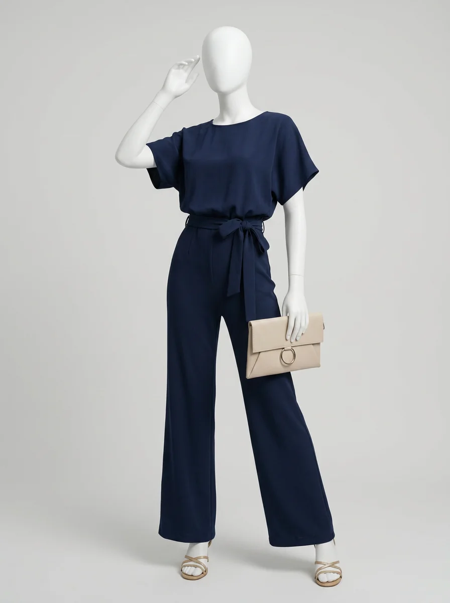 Combinaison bleu manches courtes fluide élégante femme - Vue 9 - combinaison bleu