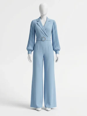 Combinaison bleu manches plissées cérémonie femme chic - Vue 1 - combinaison bleu