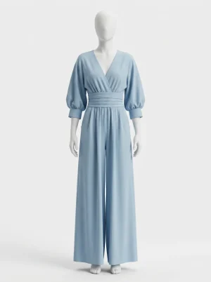 Combinaison bleu palazzo fluide chic décontracté femme - Vue 1 - combinaison bleu